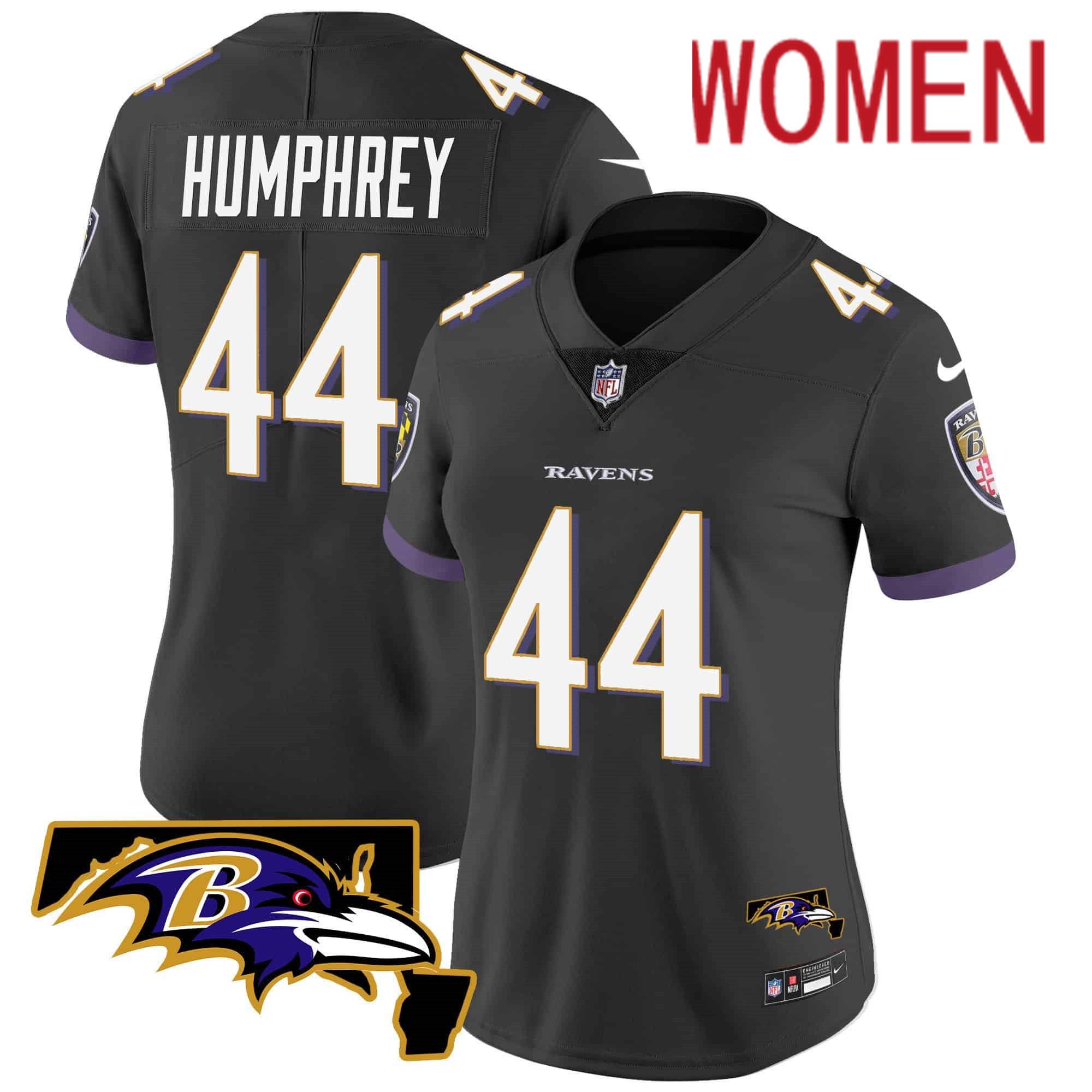 Women Baltimore Ravens #44 Humphrey Black 2024 Nike Maryland Patch Vapor Limited NFL Jersey style 1